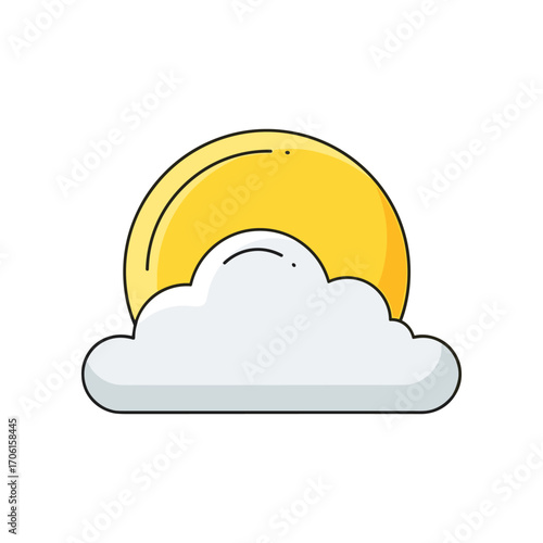 A bright yellow sun partially hidden behind a fluffy white cloud against a clear sky