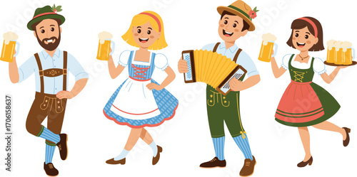 Four happy people in traditional Bavarian outfits holding beer mugs and playing accordion, celebrating Oktoberfest festival with joy and music together