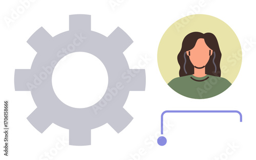 Gear beside female avatar highlights concepts of personalization, system preferences, user management. Ideal for teamwork, settings, IT, workflow, software, configuration simple flat metaphor