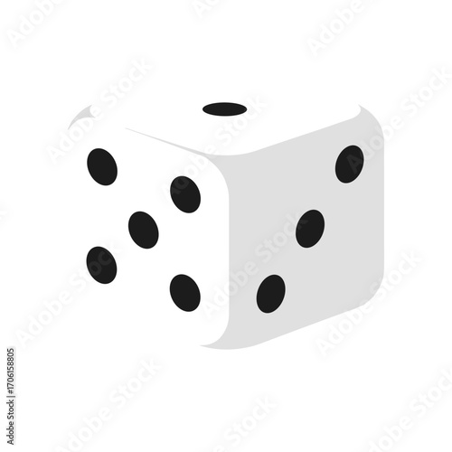 A close-up view of a single white die showing dots on its faces, set against a plain background