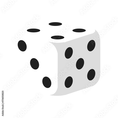 A close-up view of a single white die showing black dots, set against a plain background
