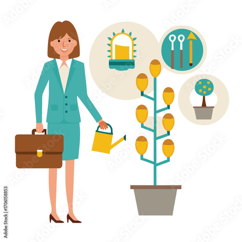 Professional woman tending to a bulb-shaped tree to inspire bright ideas and progress stock illustration