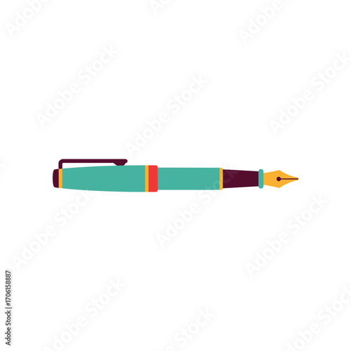 A close-up view of a stylish fountain pen with a turquoise body and gold nib on a white background