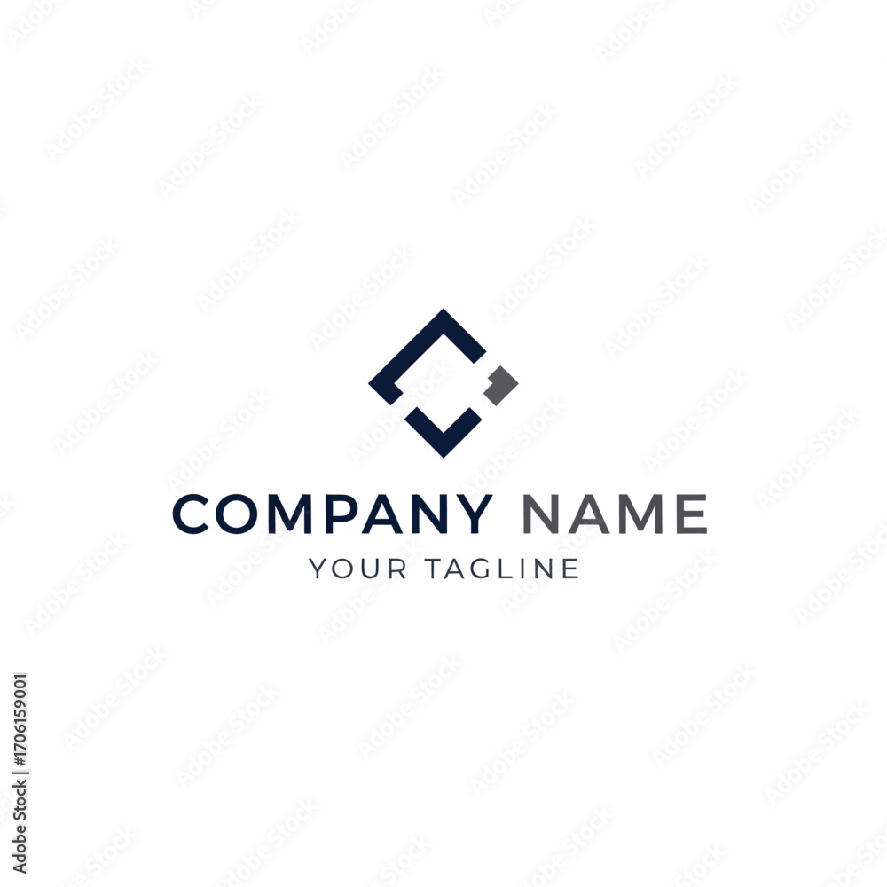 Fototapeta premium Modern abstract geometric logo template featuring a stylized square icon in dark blue and grey, with placeholder company name and tagline.