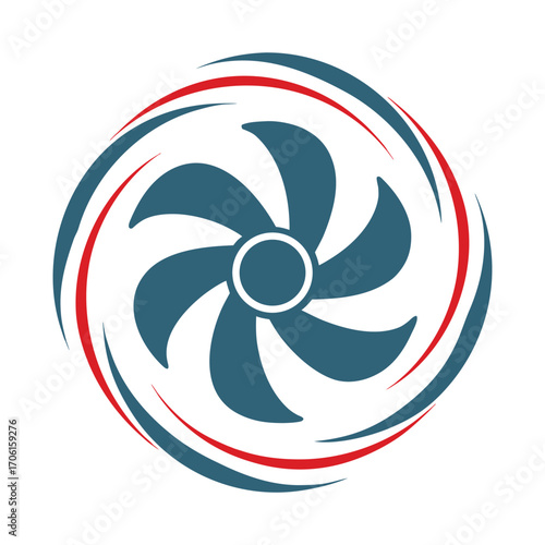Stylized blue fan blades with red and blue swirling lines circular motion