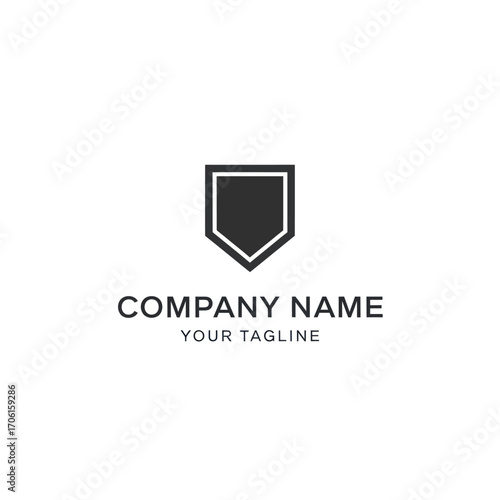 Minimalist logo design featuring a shield-shaped icon with a double outline, above placeholder text for company name and tagline.