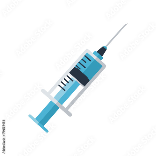 A detailed illustration of a syringe with a blue liquid, symbolizing vaccination in a clinical setting