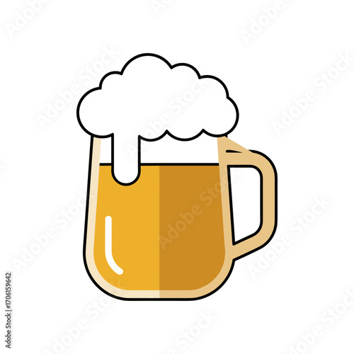 A frothy beer mug filled with golden ale, set against a minimalist white background