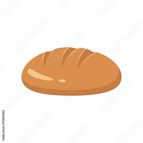 A freshly baked loaf of bread with a golden crust, resting on a clean white background