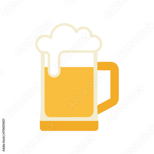 A frothy beer mug overflowing with golden liquid, set against a blurred festive background