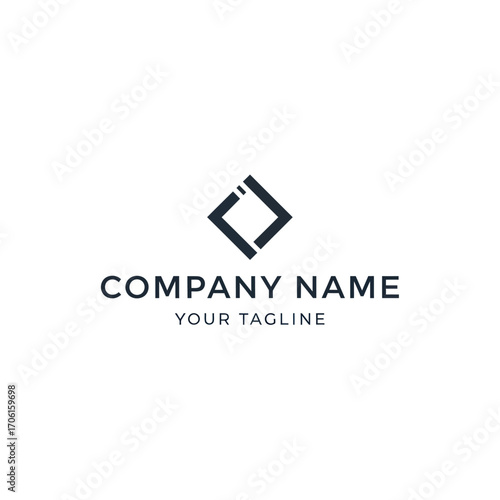 A minimalist, abstract geometric logo featuring interlocking dark shapes forming a diamond, with placeholder company name and tagline.