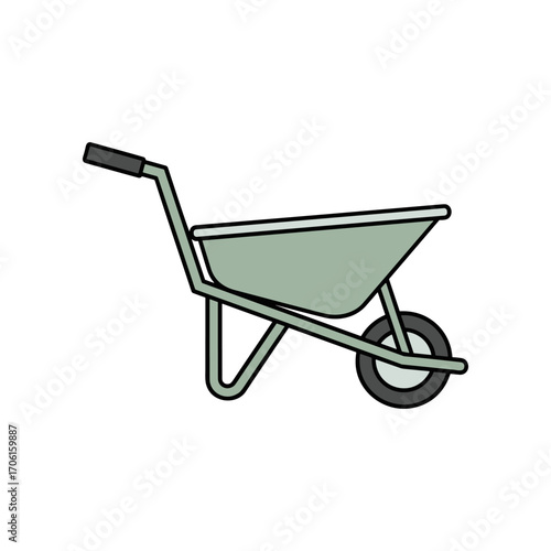 A green wheelbarrow positioned on a white background, ideal for gardening and landscaping projects