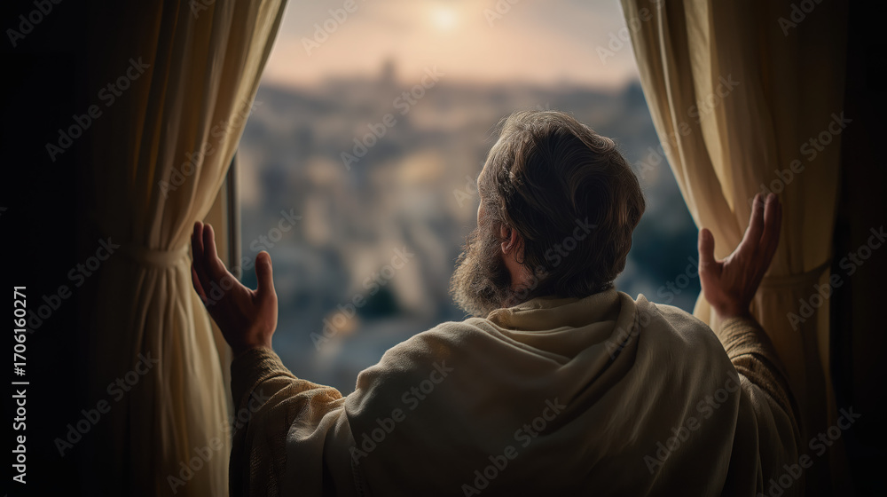 Fototapeta premium Daniel gazes from his open window toward Jerusalem at dawn, hands lifted in prayer, soft blue and peach light illuminating his face, curtains swaying gently in the foggy morning. 