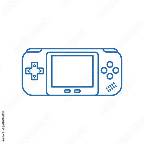 A blue outline of a handheld gaming console with buttons and a screen, showcasing gaming technology