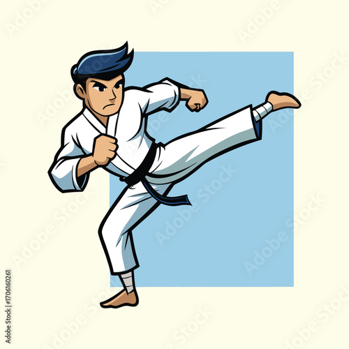 A cartoon martial arts character performing a high kick. A vector illustration of a young man with a black belt practicing Karate or Taekwondo