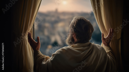 Daniel gazes from his open window toward Jerusalem at dawn, hands lifted in prayer, soft blue and peach light illuminating his face, curtains swaying gently in the foggy morning.
