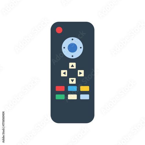 A modern remote control featuring colorful buttons and a circular navigation pad against a plain background