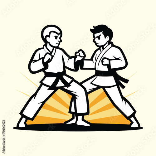  illustration of a martial arts sparring match. Two fighters with black belts competing in a Karate or Taekwondo combat sport tournament