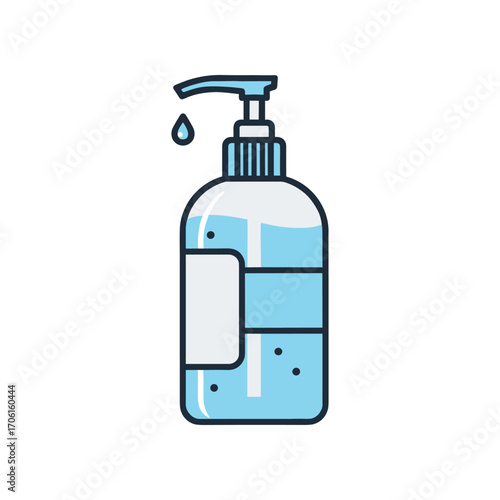 A clear plastic pump bottle filled with blue liquid, positioned centrally with a drop falling, ideal for hygiene products
