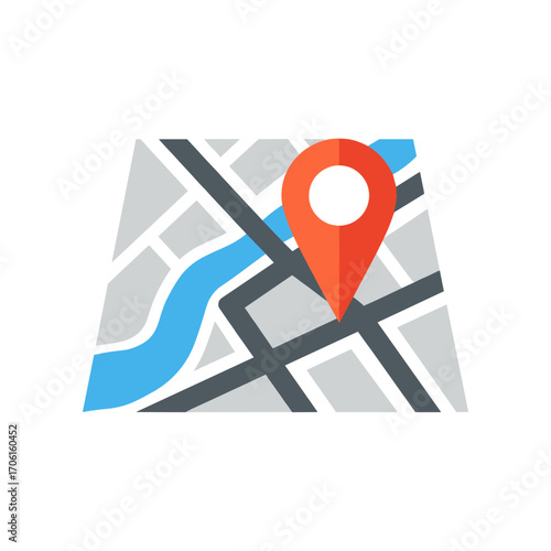 A colorful map illustration featuring a location pin, river, and street layout, ideal for navigation