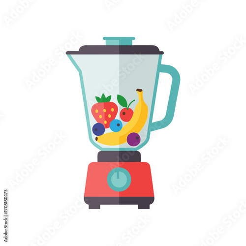 A colorful blender filled with fresh fruits like strawberries, bananas, and blueberries, set against a clean background, ideal for healthy lifestyle promotions