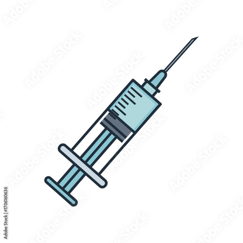 A detailed illustration of a medical syringe positioned diagonally, showcasing its components and potential use in healthcare settings