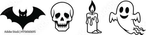 Cartoon halloween icons featuring a bat skull candle and ghost on white background