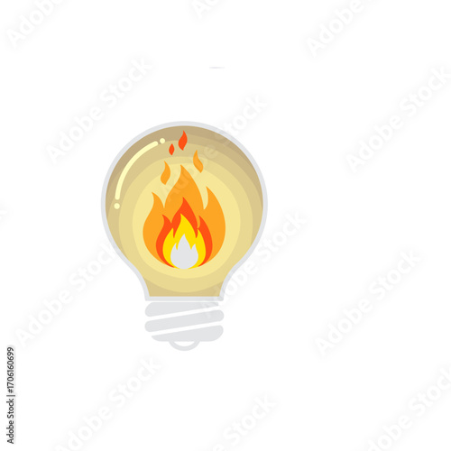 A glowing light bulb with flames inside, symbolizing creativity and innovation in a bright setting