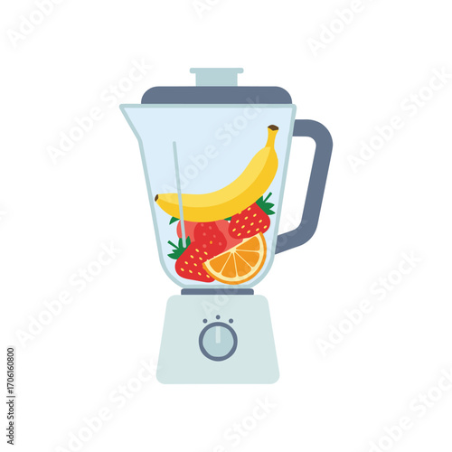 A modern blender filled with fresh fruits including bananas, strawberries, and oranges, ready for blending in a bright kitchen setting