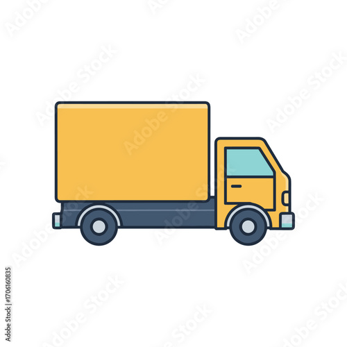 A side view of a delivery truck in a simple design, parked on a clean road with no background distractions