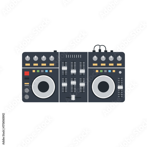 A sleek DJ mixer with vibrant controls and buttons, set against a minimalist background