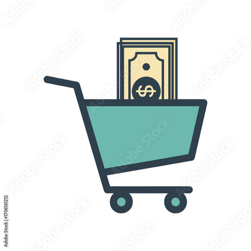 A shopping cart filled with cash, symbolizing commerce and consumer spending, against a simple backdrop