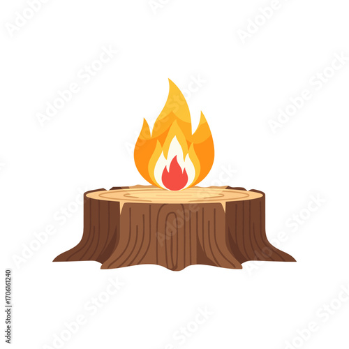 A vibrant campfire blazing atop a wooden stump, surrounded by a serene outdoor setting