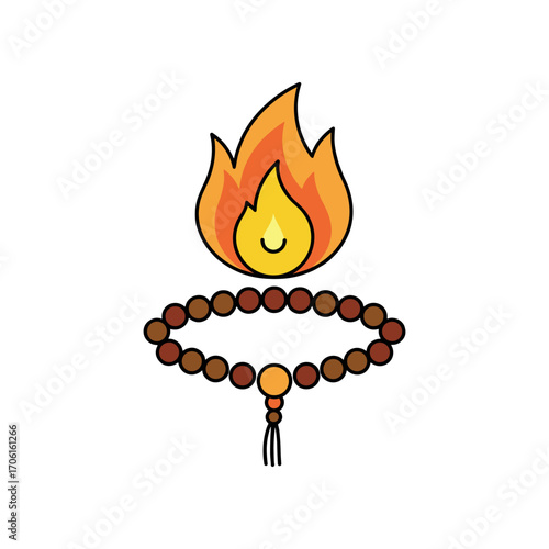A vibrant flame above a circular prayer bead necklace, symbolizing spirituality and devotion