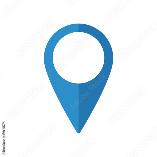 A simple blue location pin symbolizing navigation and mapping on a white background