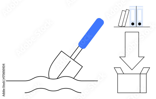 Shovel breaking ground, files on a shelf, arrow pointing to a box symbolizing task completion, document organization, and efficient workflow. Ideal for teamwork, logistics, data management