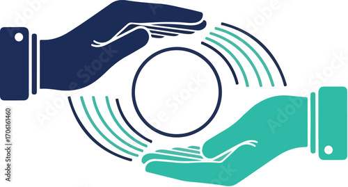 Two hands in a protective gesture cradling a central circle, symbolizing care, support, collaboration, and teamwork in business and life.