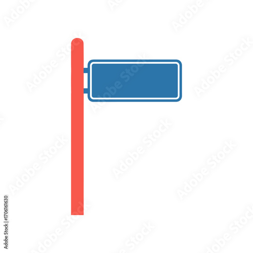 A simple street sign with a blank blue panel on a red pole against a white background