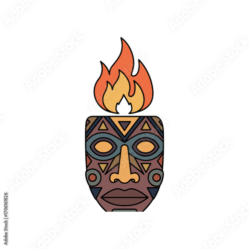 Abstract tribal mask with flame, symbolizing culture and heritage, isolated on white background