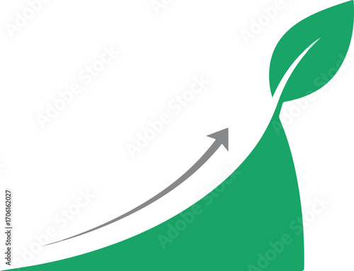 Green leaf icon with upward trending arrow symbolizing growth, sustainability, and positive development in business and environment