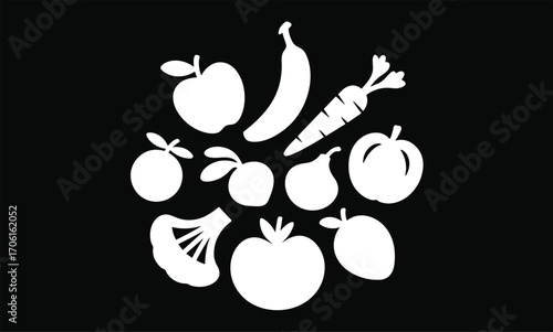 Silhouettes of fresh fruits and vegetables, apple banana carrot tomato pear orange peach mango cauliflower healthy food vector icons, natural organic produce collection