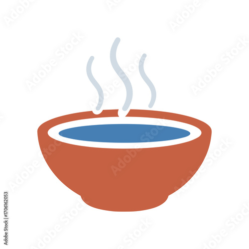 A steaming bowl of soup with a blue interior, placed on a clean surface, evoking warmth