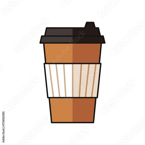 A steaming coffee cup with a black lid and paper sleeve, set against a clean white background