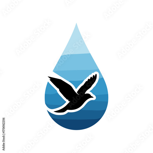 A stylized blue water droplet with a black bird silhouette in flight, symbolizing freedom and nature