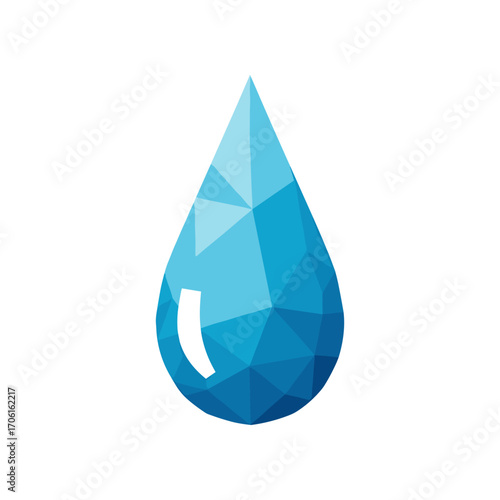 A stylized blue water droplet with geometric facets on a white background, symbolizing purity