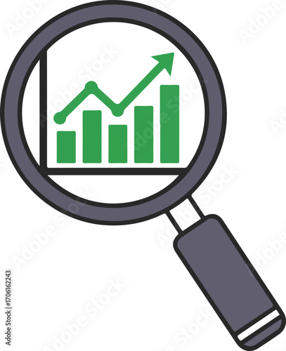 Magnifying glass revealing upward trending bar graph and arrow, symbolizing business growth analysis and financial success strategies
