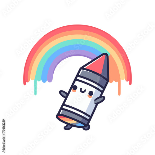 Cheerful cartoon crayon character dancing under a vibrant rainbow in a playful setting