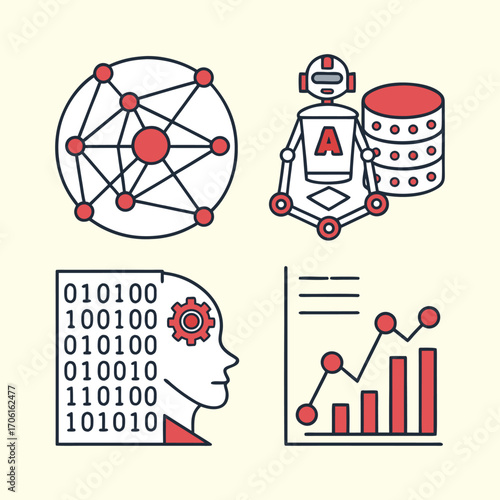  Artificial intelligence and data science illustration with icons of a neural network, robot, human brain, and data charts for technology