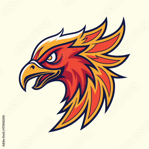 Fiery and fierce eagle or phoenix mascot head, a powerful and dynamic animal vector illustration or gaming logo
