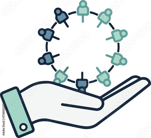 Caring hand supports diverse team network symbolizing unity, collaboration, and shared success in modern business environments